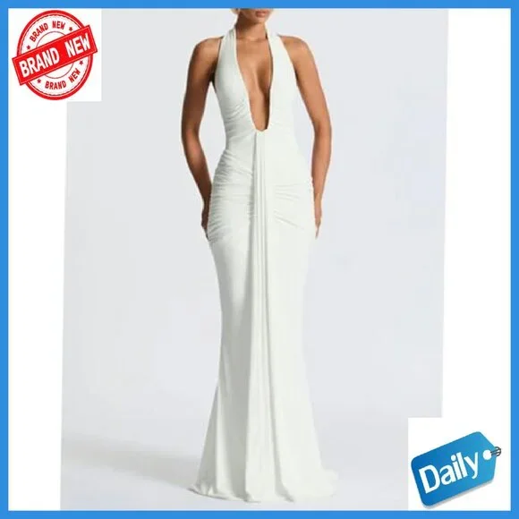 Deep V Neck Ruched Maxi Dress Formal Halter Gown Cocktail Evening - Picture 4 of 8